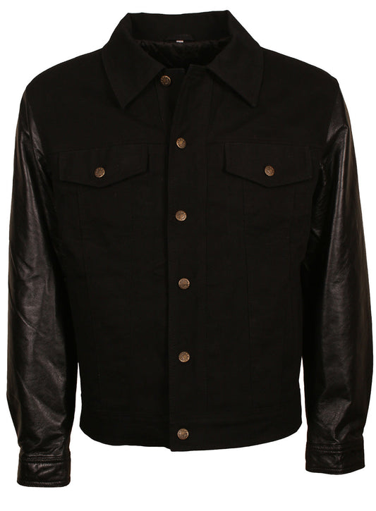 Harpoon Men's Inspired Black Denim with Leather Sleeves Varsity Jacket