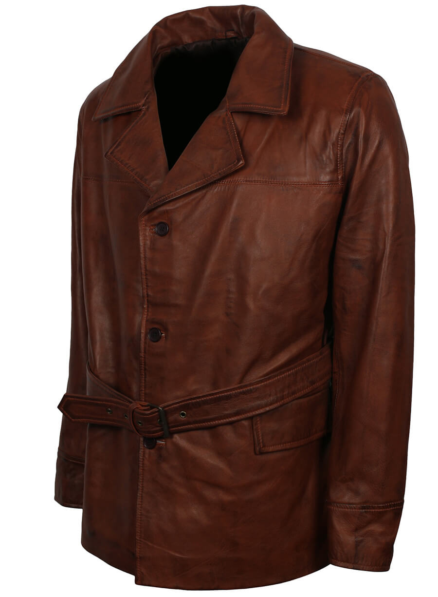 Harpoon Men's Belted Inspired Brown Genuine Leather Coat