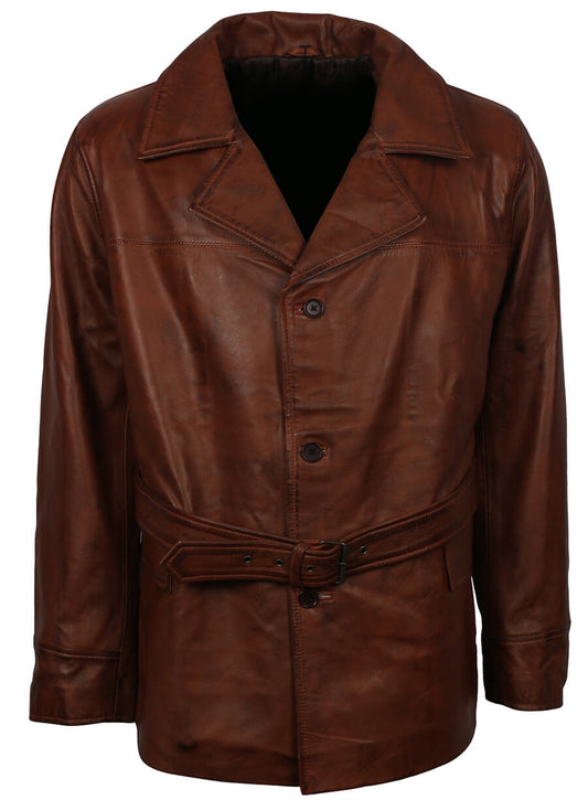 Harpoon Men's Belted Inspired Brown Genuine Leather Coat