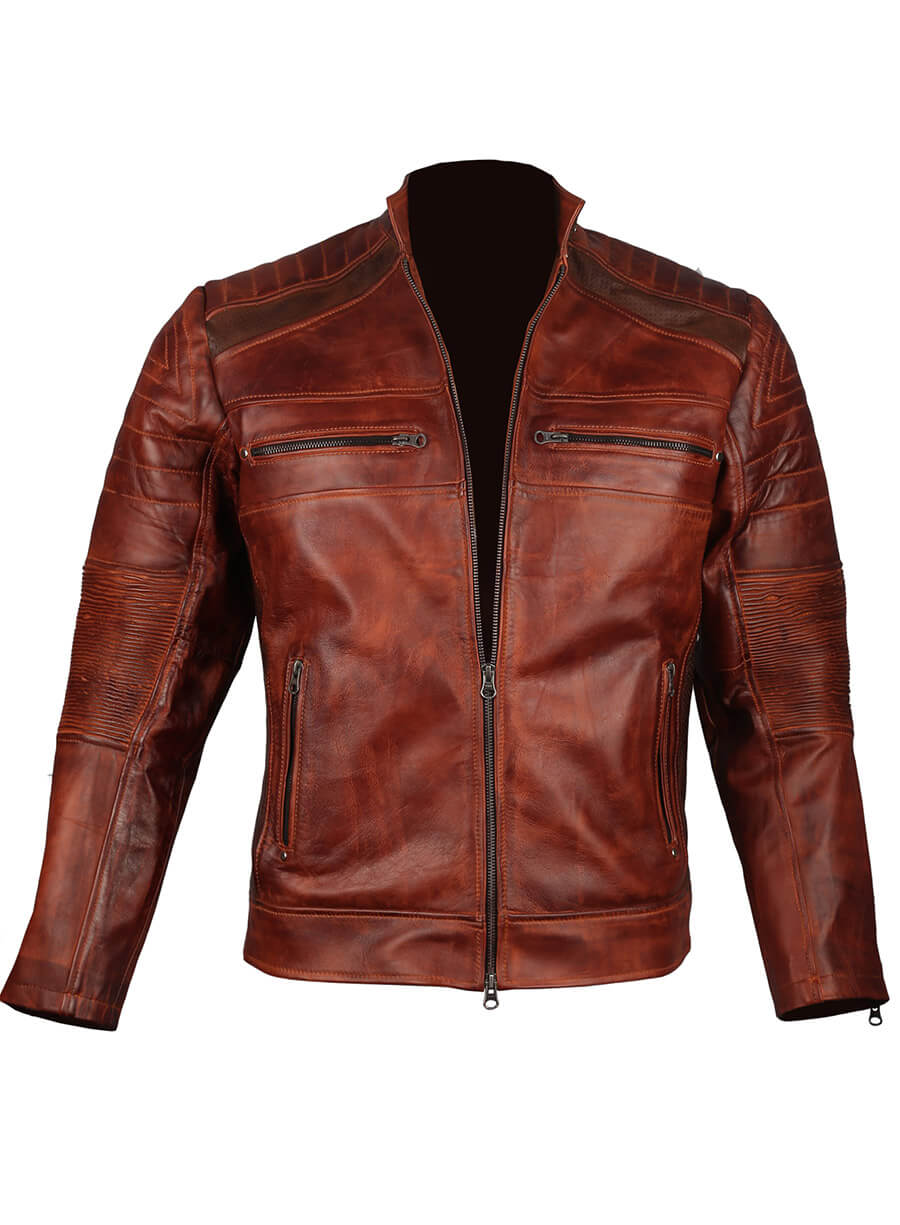 Harpoon Men's Vintage Retro Motorcycle Distressed Inspired Brown Cafe Racer Jacket