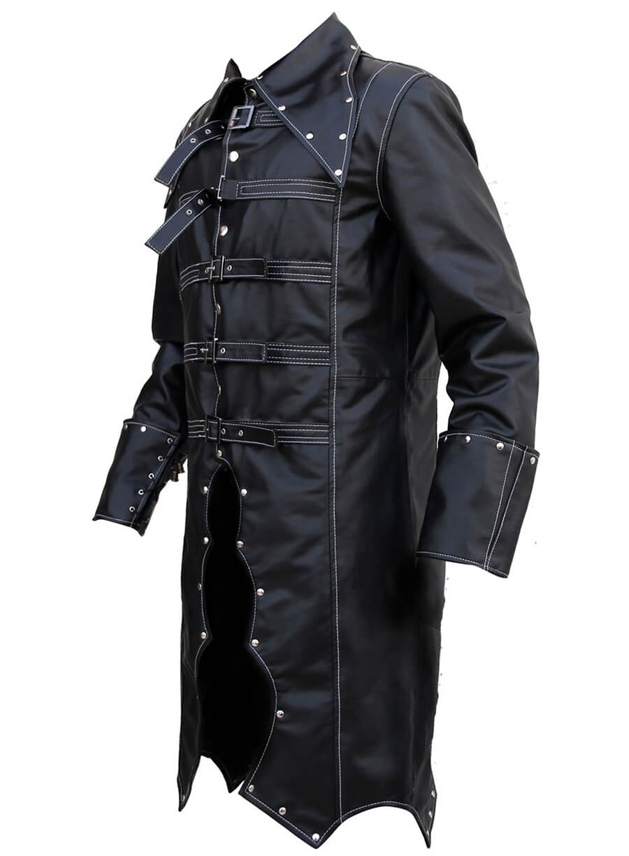 Harpoon Men's Gothic Style Trench Inspired Black Faux Leather/Genuine Leather Coat