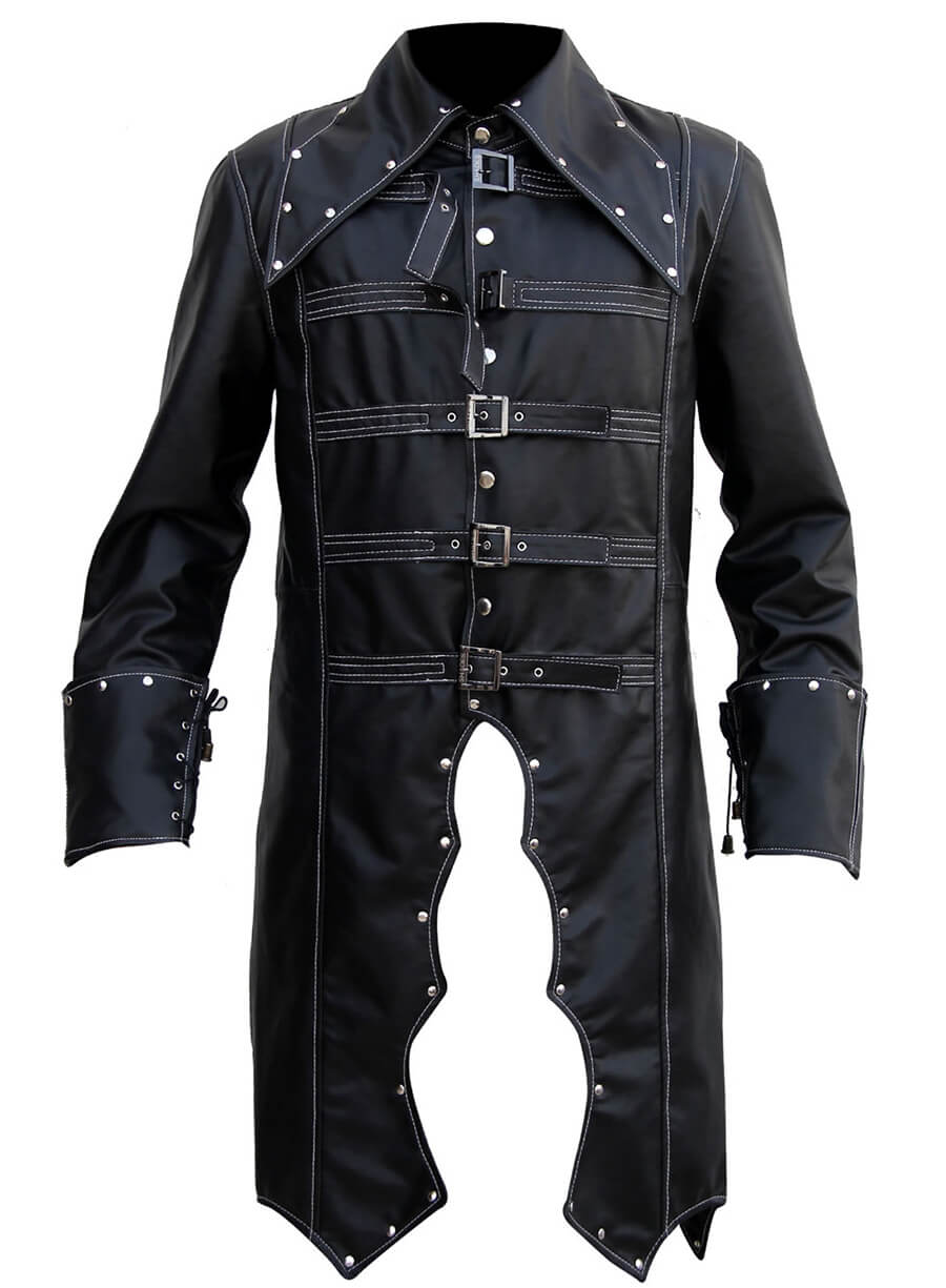 Harpoon Men's Gothic Style Trench Inspired Black Faux Leather/Genuine Leather Coat
