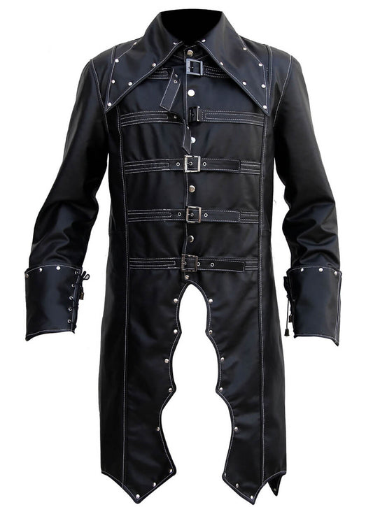 Harpoon Men's Gothic Style Trench Inspired Black Faux Leather/Genuine Leather Coat
