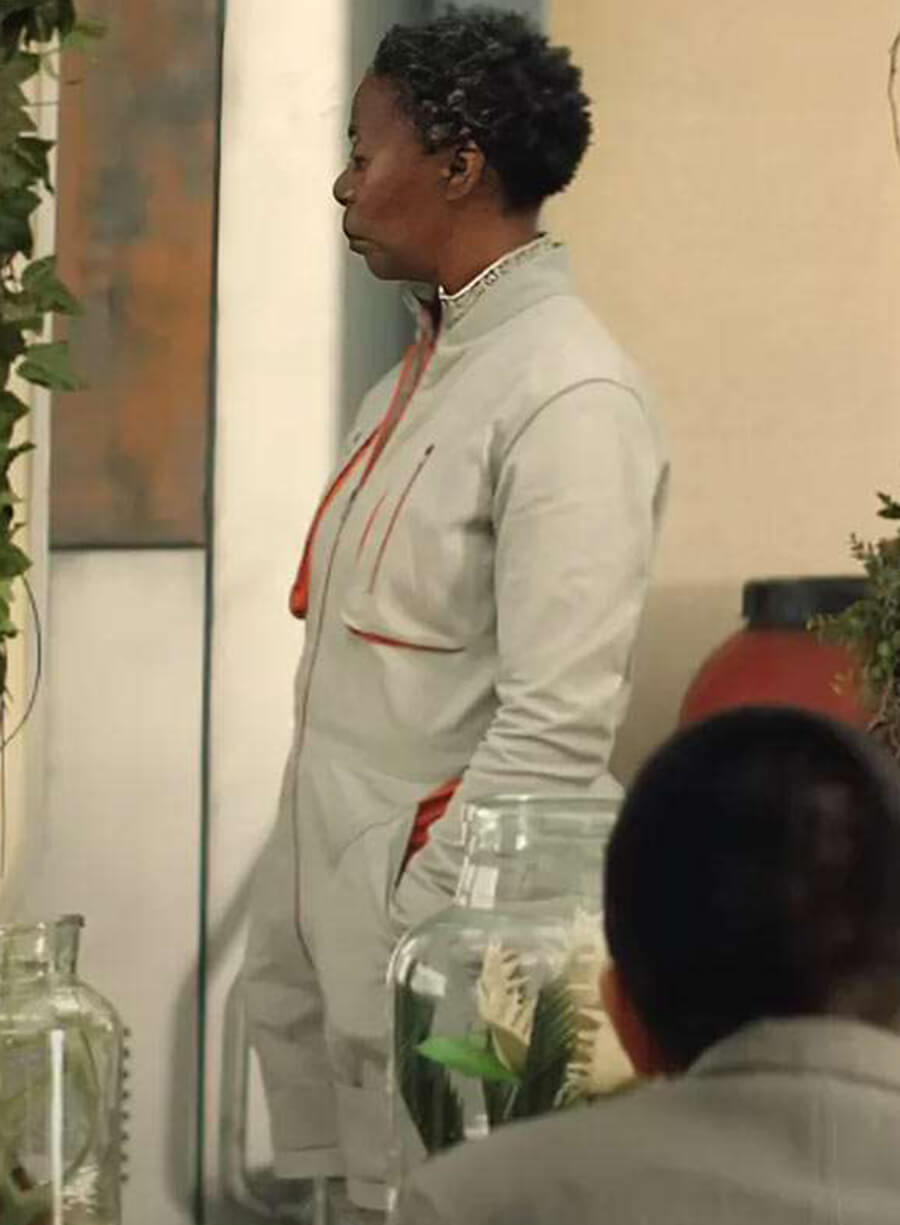 Harpoon Noma Dumezweni Inspired White Fabric Leather Jacket - Murderbot 2025 Style