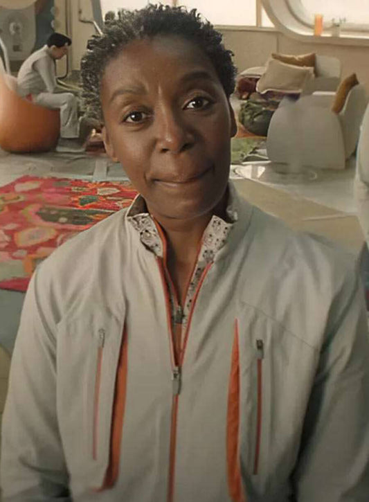 Harpoon Noma Dumezweni Inspired White Fabric Leather Jacket - Murderbot 2025 Style
