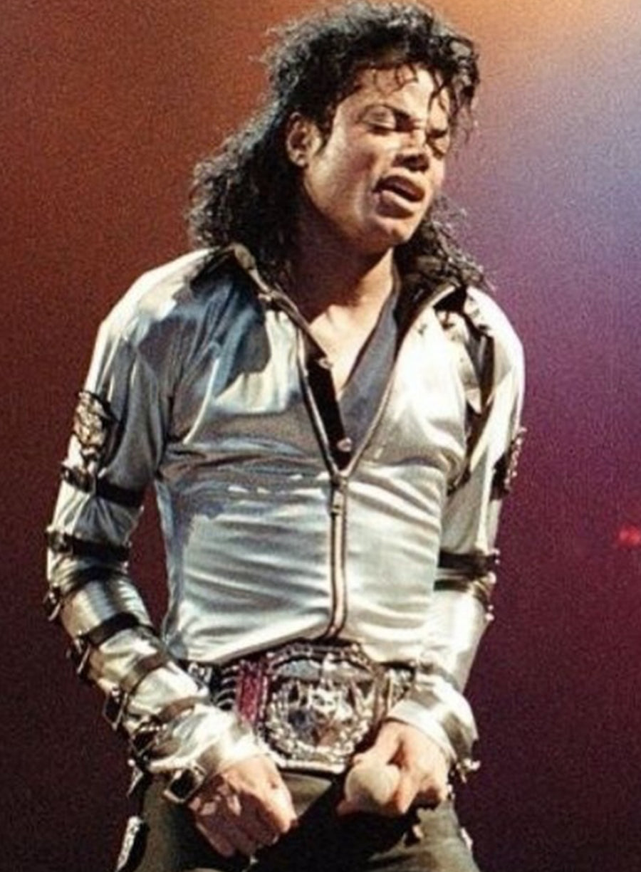 Harpoon Michael Jackson Bad World Tour Silver Inspired Silver Satin Fabric Leather Jacket