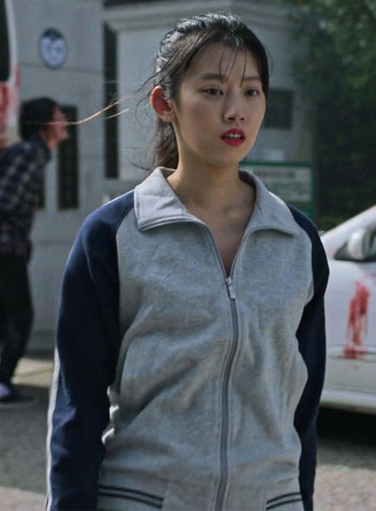 Harpoon Min Eun-ji Inspired Grey & Blue Leather Jacket - All of Us Are Dead Style