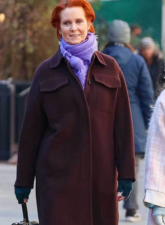 Harpoon Miranda Hobbes Inspired Brown Wool Fabric Coat - And Just Like That S02 Style