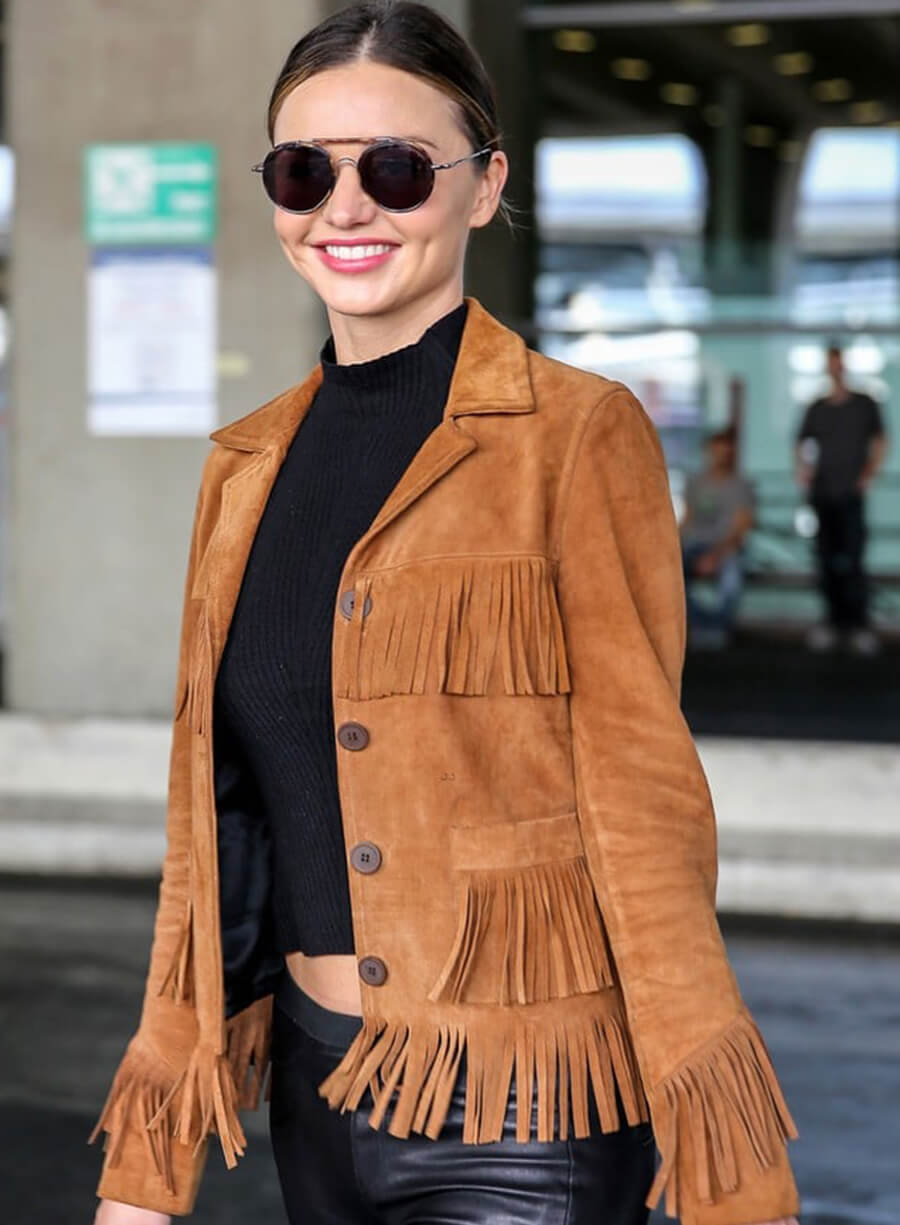 Harpoon Miranda Kerr Suede Fringe Inspired Brown Suede Leather Leather Jacket