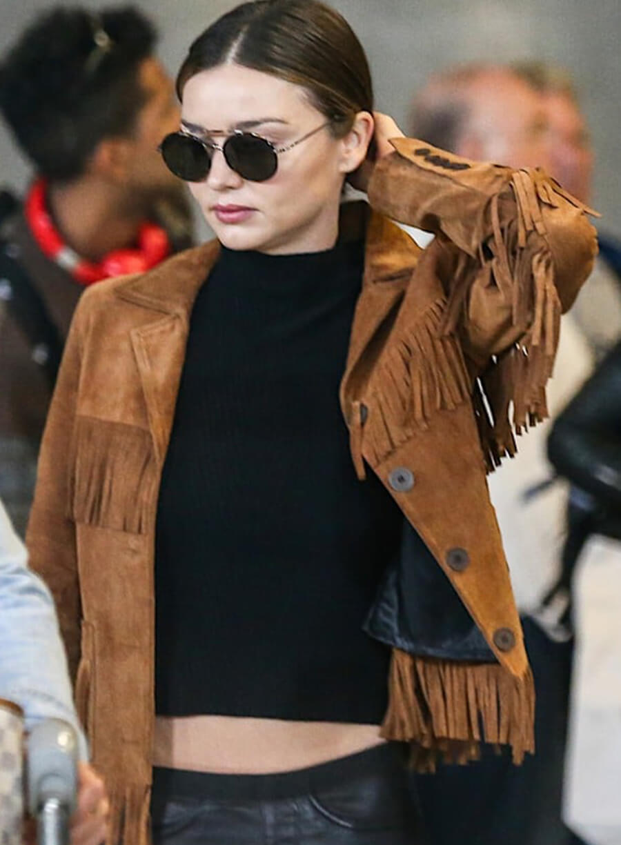 Harpoon Miranda Kerr Suede Fringe Inspired Brown Suede Leather Leather Jacket