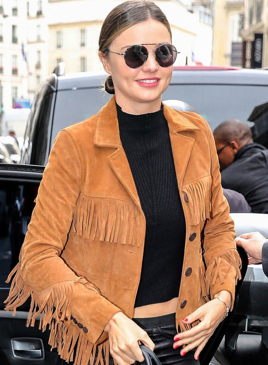 Harpoon Miranda Kerr Suede Fringe Inspired Brown Suede Leather Leather Jacket