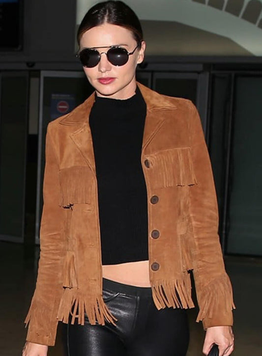 Harpoon Miranda Kerr Suede Fringe Inspired Brown Suede Leather Leather Jacket