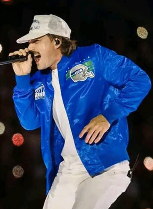 Harpoon Morgan Wallen Inspired Blue Satin Fabric Bomber Jacket