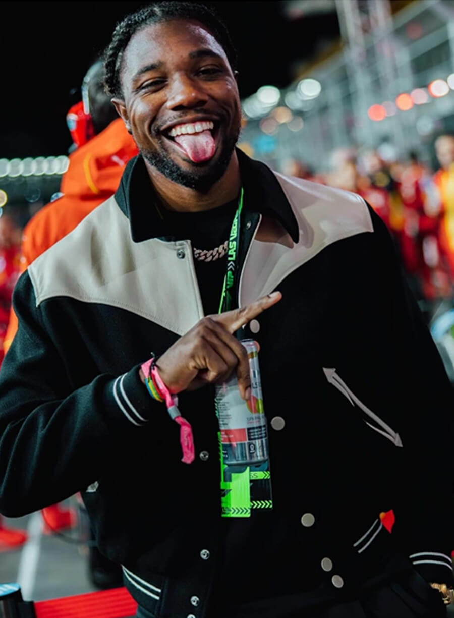 Harpoon Noah Lyles Inspired Black & White Varsity Jacket - Las Vegas Grand Prix 2024 Style
