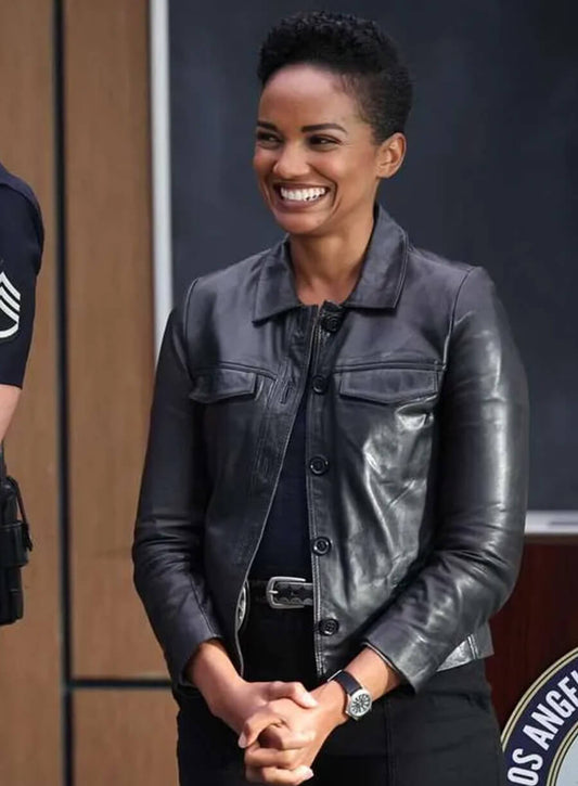 Harpoon Nyla Harper Inspired Black Leather Jacket - The Rookie S06 Style