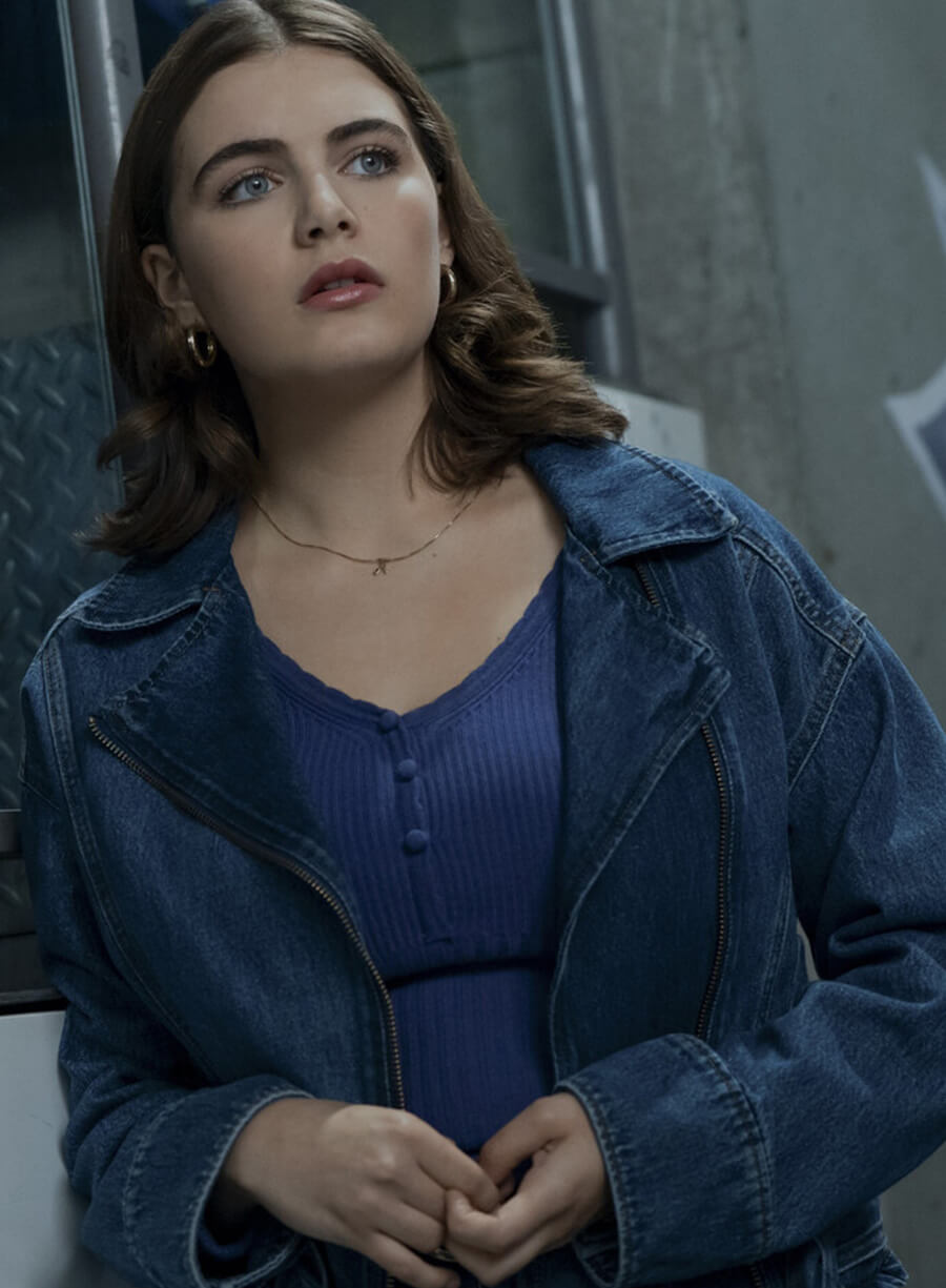 Harpoon Hannah Wells Inspired Blue Denim Fabric Biker Jacket - Off Campus Style