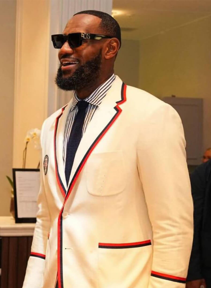 Harpoon Paris Olympics LeBron James Blazer Inspired White Suiting Fabric Leather Jacket