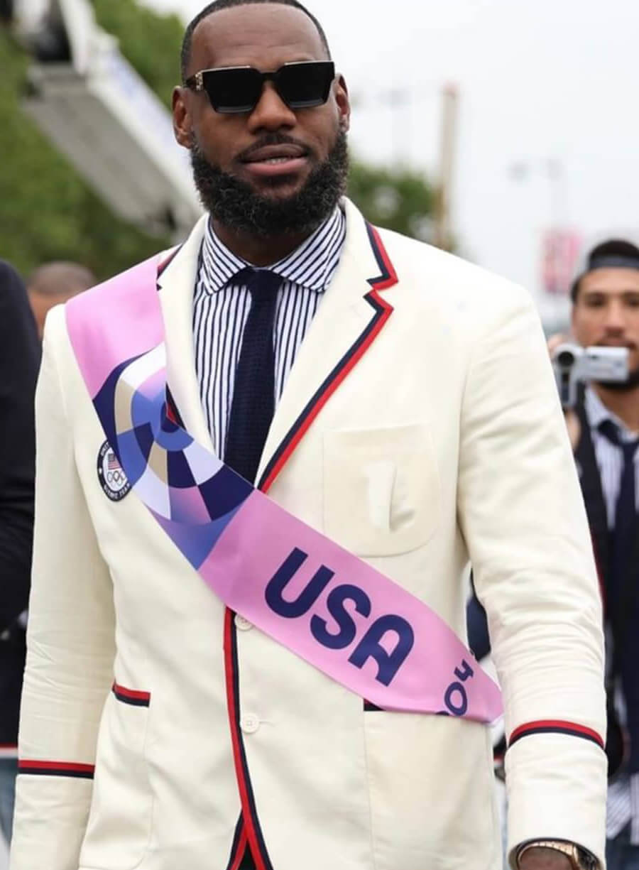 Harpoon Paris Olympics LeBron James Blazer Inspired White Suiting Fabric Leather Jacket