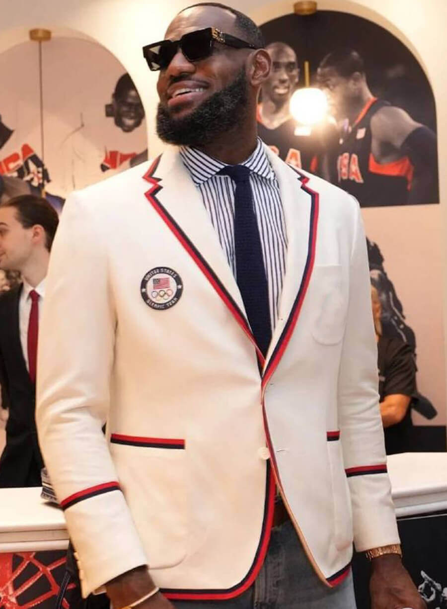 Harpoon Paris Olympics LeBron James Blazer Inspired White Suiting Fabric Leather Jacket