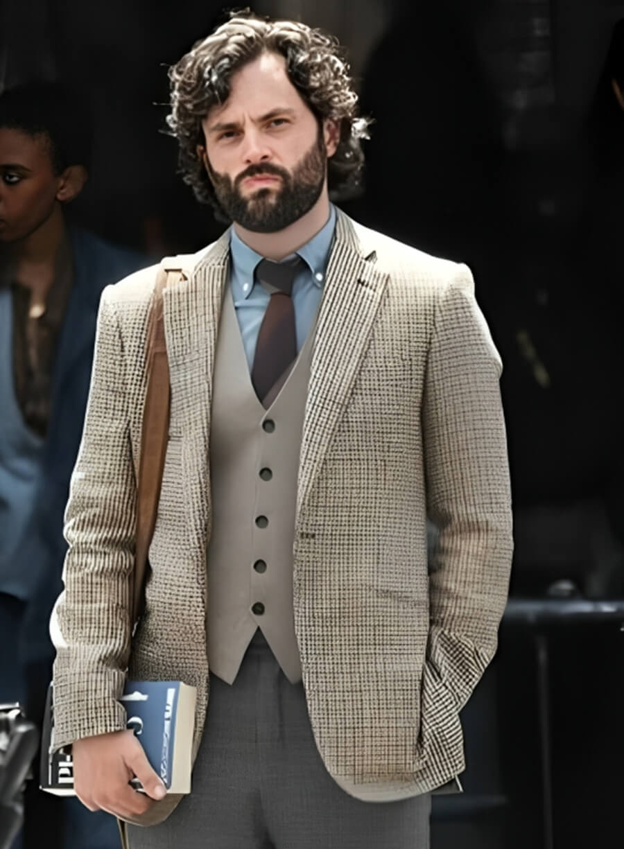 Harpoon Joe Goldberg Inspired Beige Suiting Fabric Leather Jacket - You Tv Series Style