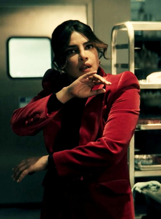 Harpoon Nadia Sinh Inspired Red Velvet Fabric Leather Jacket - Citadel 2023 Style