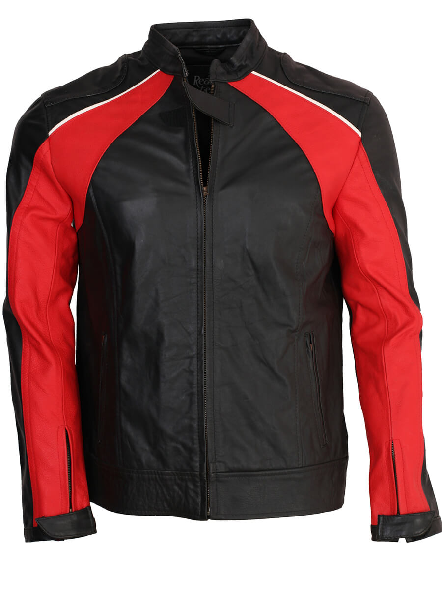 Harpoon and Men Inspired Black & Red Genuine Leather Biker Jacket