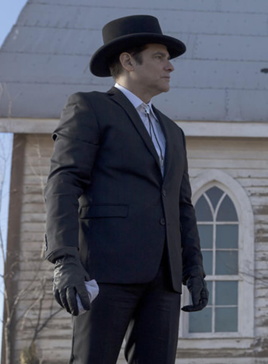 Harpoon Reverend Emilio Sheehan Inspired Black Suiting Fabric Leather Jacket - Midnight Texas Style