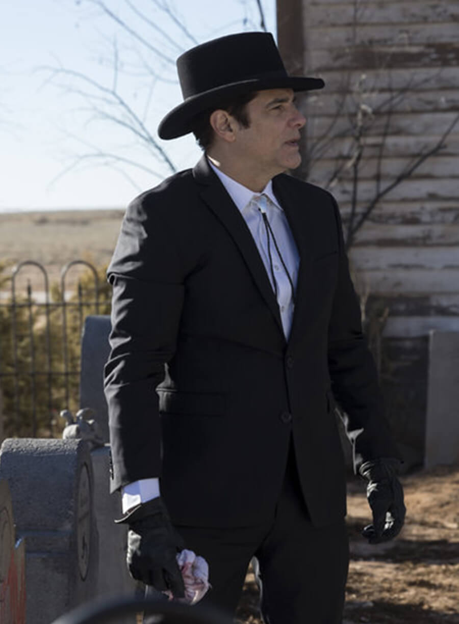 Harpoon Reverend Emilio Sheehan Inspired Black Suiting Fabric Leather Jacket - Midnight Texas Style