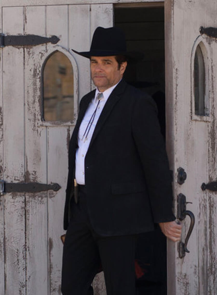 Harpoon Reverend Emilio Sheehan Inspired Black Suiting Fabric Leather Jacket - Midnight Texas Style