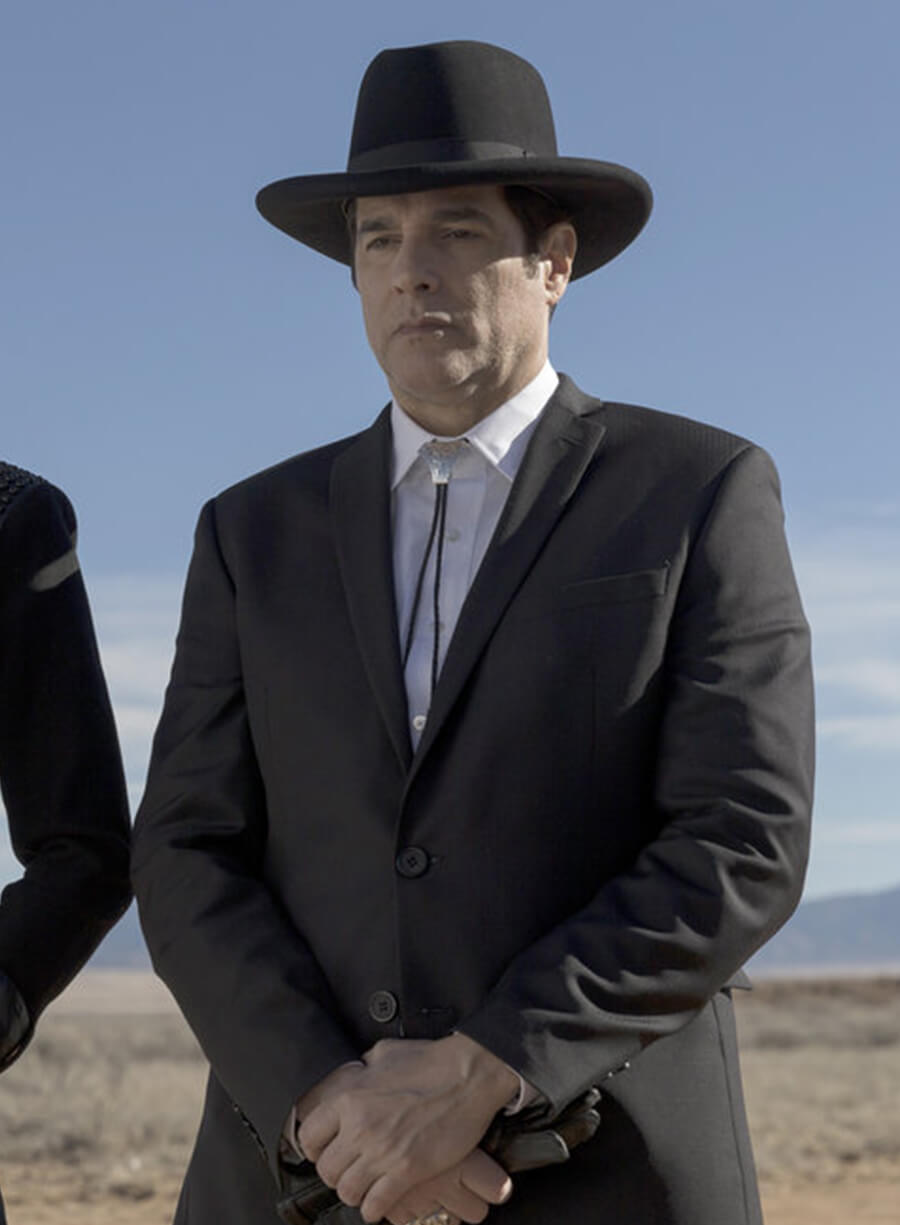 Harpoon Reverend Emilio Sheehan Inspired Black Suiting Fabric Leather Jacket - Midnight Texas Style