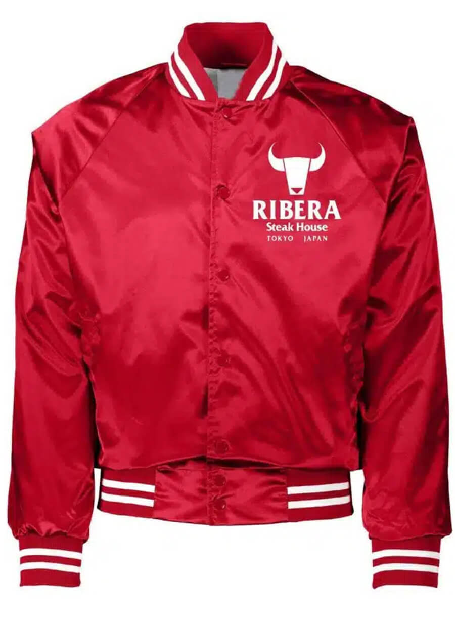 Harpoon Ribera Steakhouse Wrestling Inspired Black, Blue & Red Satin Fabric Bomber Jacket