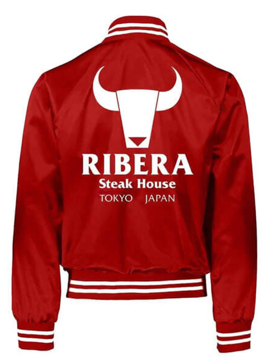 Harpoon Ribera Steakhouse Wrestling Inspired Black, Blue & Red Satin Fabric Bomber Jacket