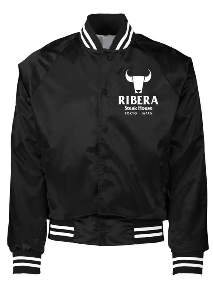 Harpoon Ribera Steakhouse Wrestling Inspired Black, Blue & Red Satin Fabric Bomber Jacket