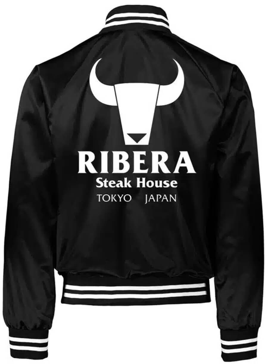 Harpoon Ribera Steakhouse Wrestling Inspired Black, Blue & Red Satin Fabric Bomber Jacket