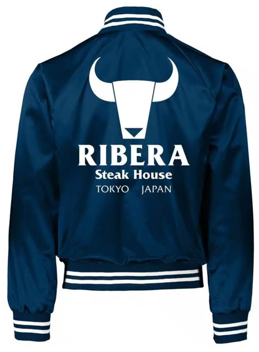 Harpoon Ribera Steakhouse Wrestling Inspired Black, Blue & Red Satin Fabric Bomber Jacket