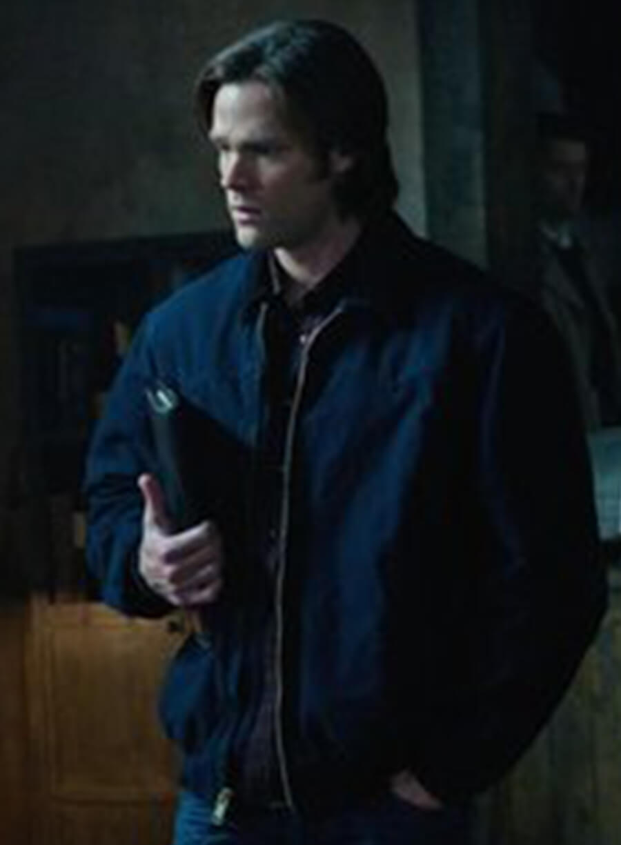 Harpoon Sam Winchester Inspired Blue Cotton Fabric Bomber Jacket - Supernatural Tv Series Style