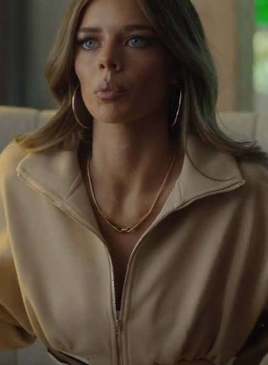 Harpoon Samara Weaving Inspired Beige Fabric Leather Jacket - Nine Perfect Strangers Style