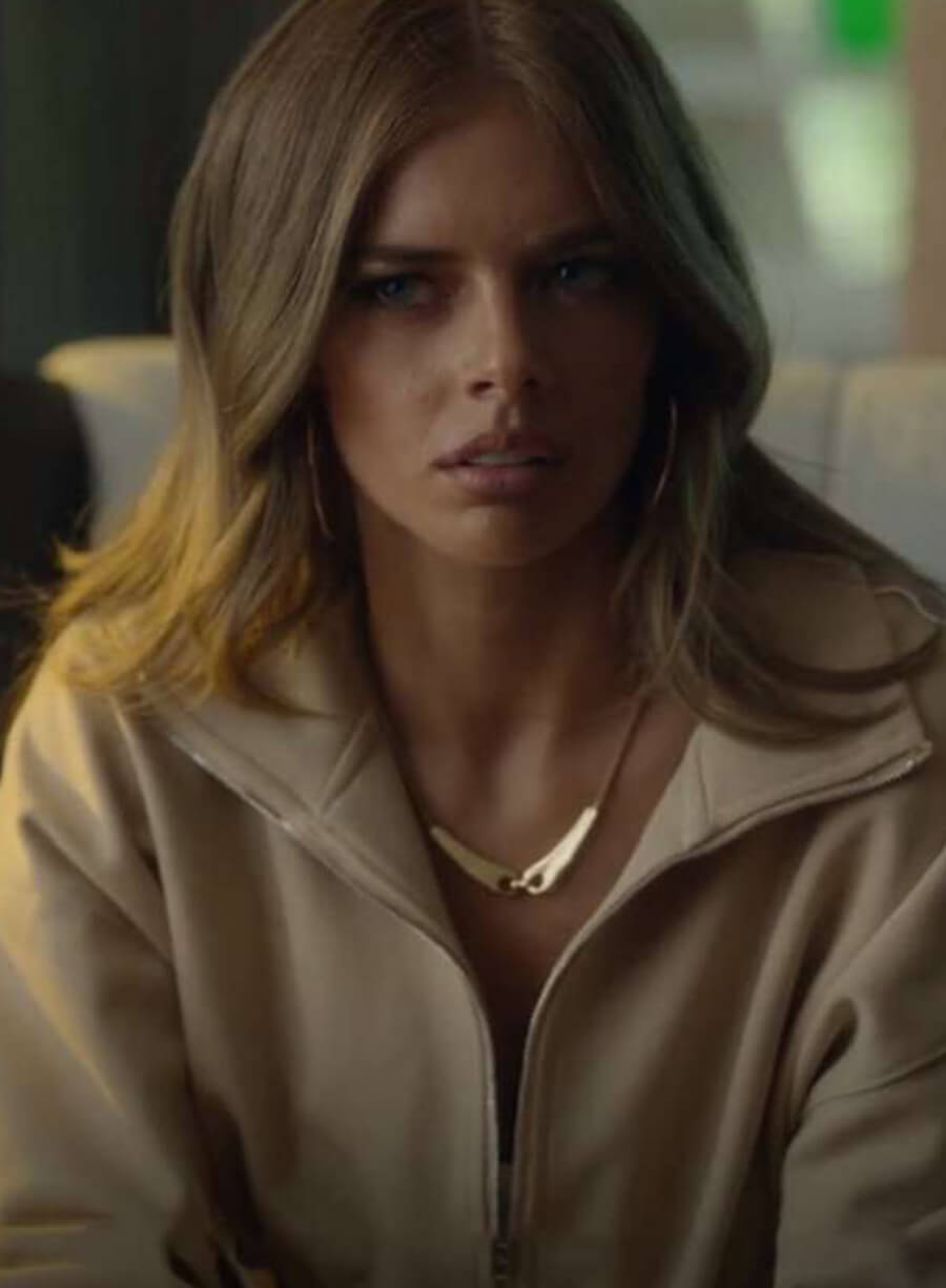 Harpoon Samara Weaving Inspired Beige Fabric Leather Jacket - Nine Perfect Strangers Style
