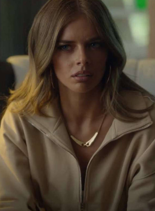 Harpoon Samara Weaving Inspired Beige Fabric Leather Jacket - Nine Perfect Strangers Style