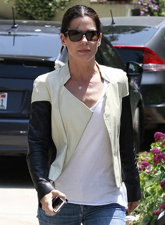 Harpoon Sandra Bullock Inspired Black & White Leather Jacket