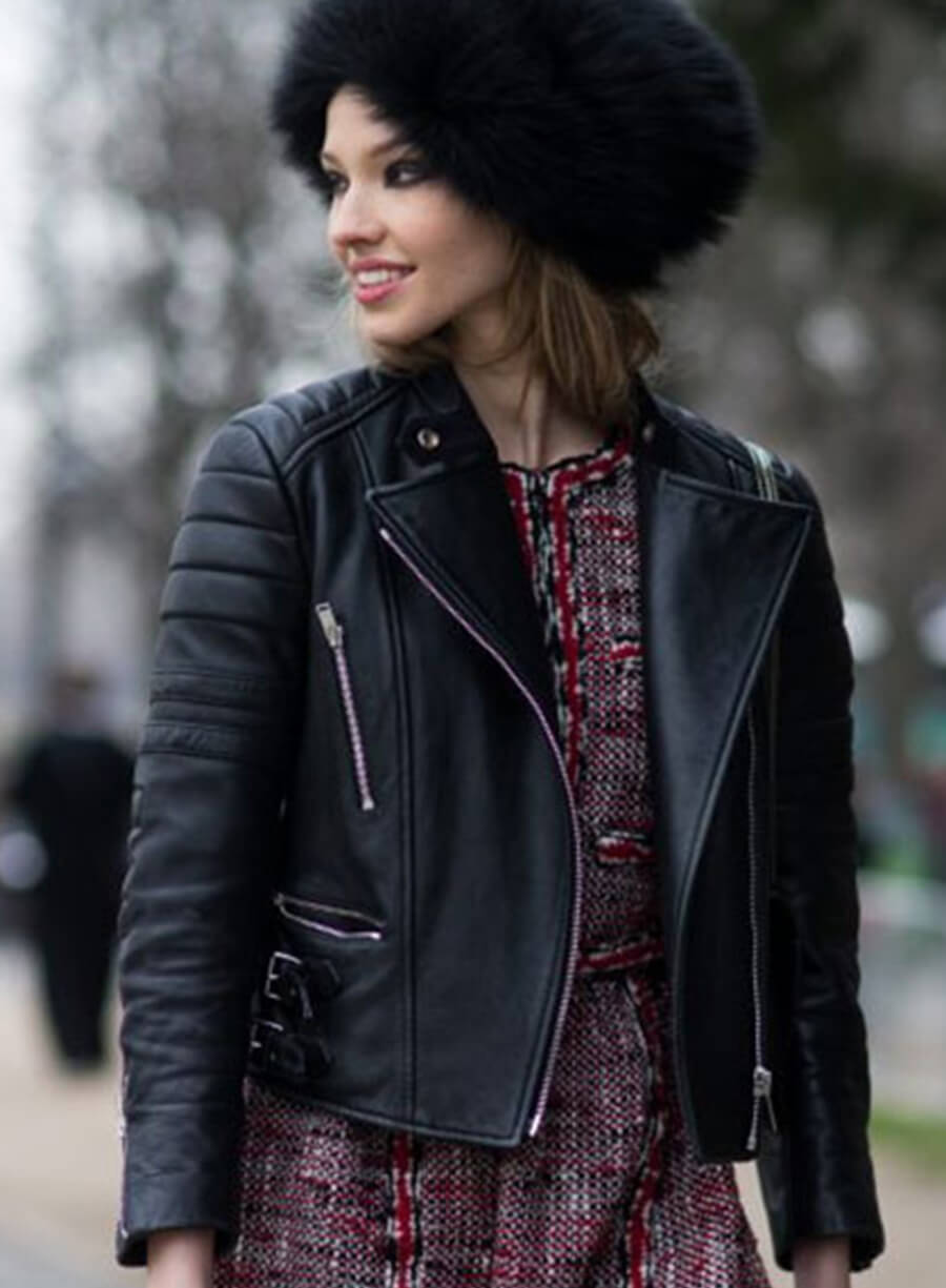 Harpoon Sasha Luss Inspired Black Real Leather Biker Jacket