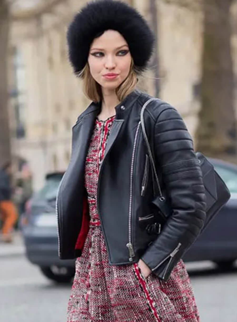 Harpoon Sasha Luss Inspired Black Real Leather Biker Jacket