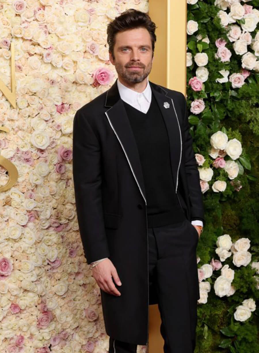 Harpoon Sebastian Stan Inspired Black Coat - Golden Globes Red Carpet 2025 Style