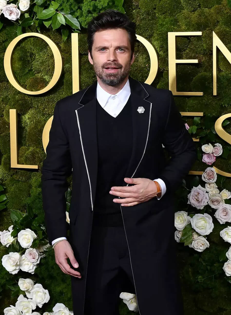Harpoon Sebastian Stan Inspired Black Coat - Golden Globes Red Carpet 2025 Style
