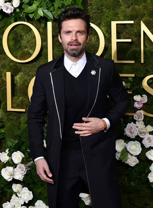 Harpoon Sebastian Stan Inspired Black Coat - Golden Globes Red Carpet 2025 Style