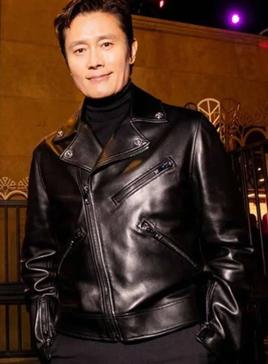 Harpoon Front Man Inspired Black Leather Jacket - Squid Game S02 Style
