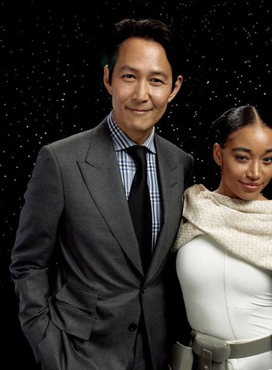 Harpoon Jedi Master Inspired Grey Suiting Fabric Leather Jacket - Star Wars: The Acolyte Style