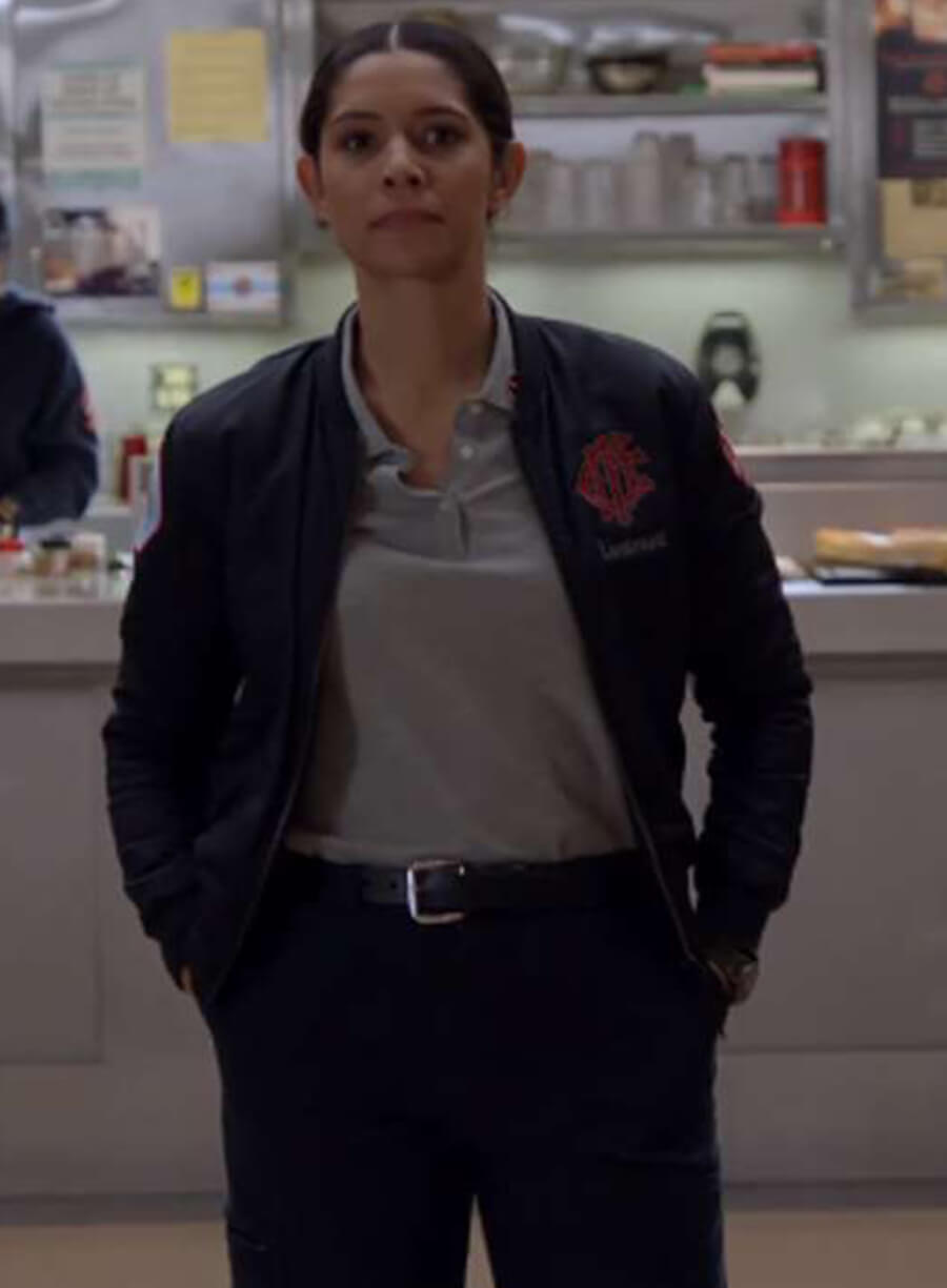 Harpoon Stella Kidd Chicago Fire S12 Inspired Blue Satin Fabric Leather Jacket - Miranda Rae Mayo Style