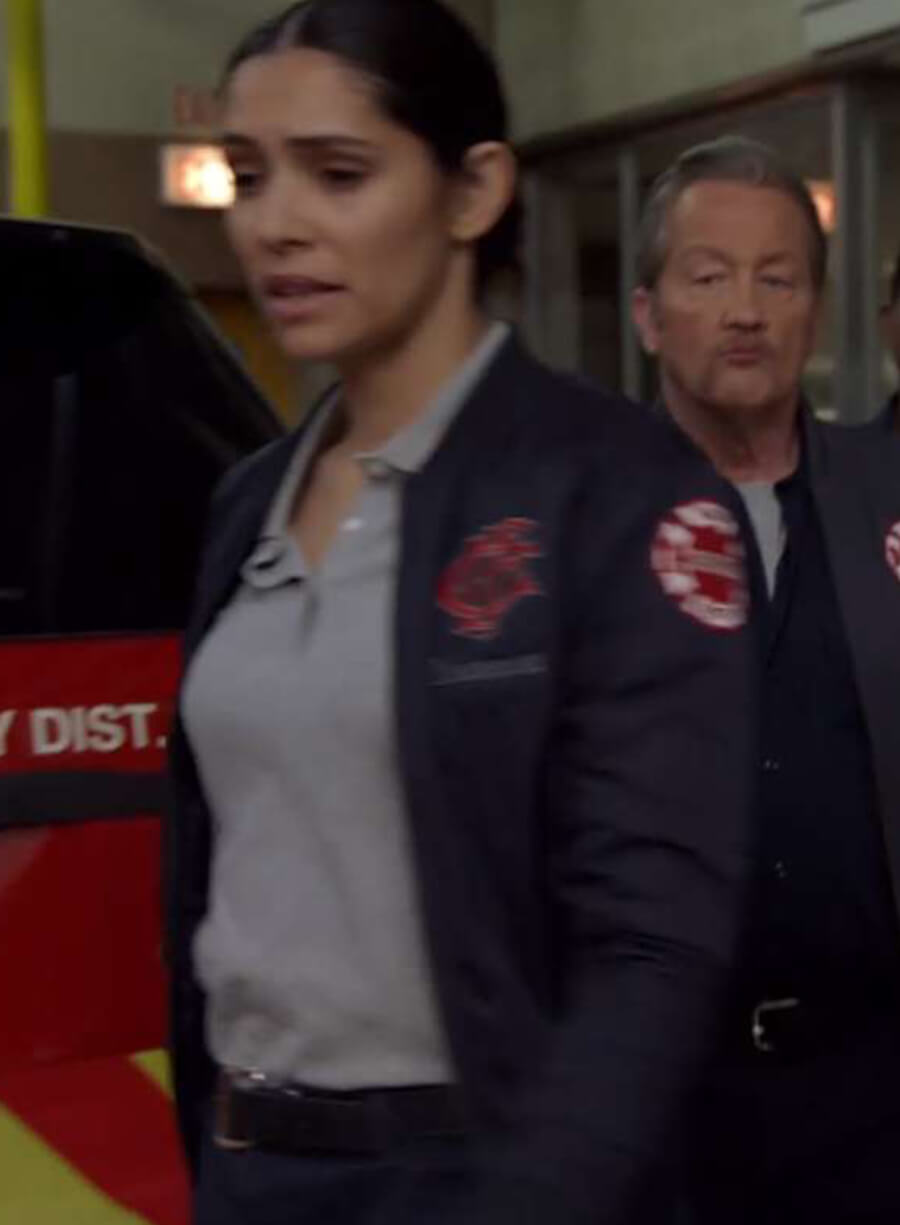 Harpoon Stella Kidd Chicago Fire S12 Inspired Blue Satin Fabric Leather Jacket - Miranda Rae Mayo Style