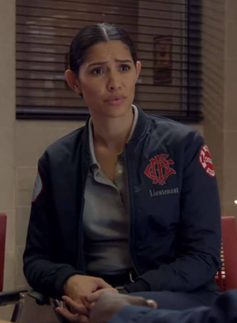 Harpoon Stella Kidd Chicago Fire S12 Inspired Blue Satin Fabric Leather Jacket - Miranda Rae Mayo Style